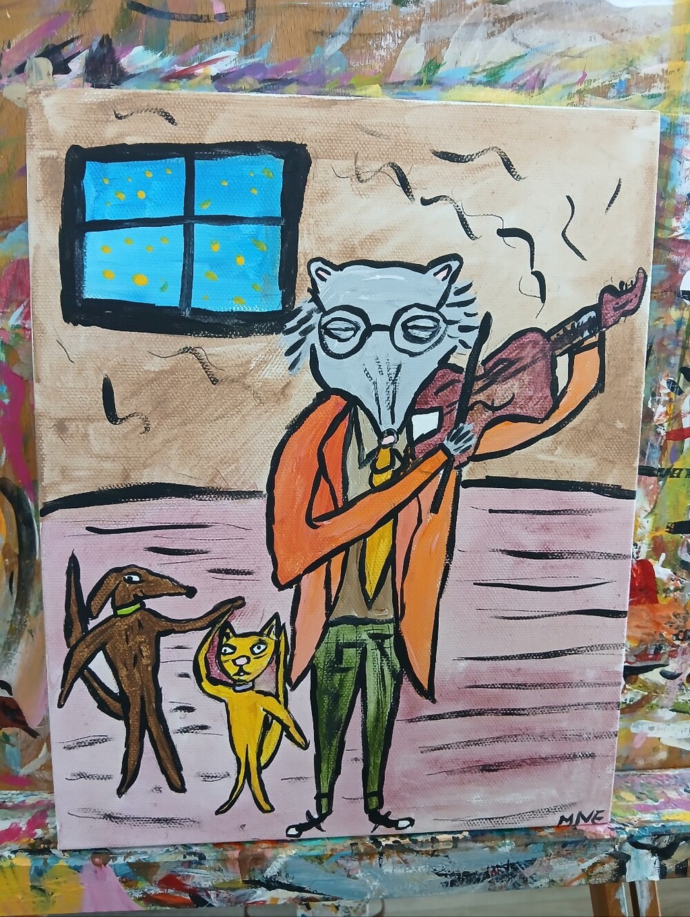 Possum Playing Fiddle For Pets Painting Folk Art